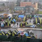The temporary homeless camp behind Aberdeen City Hall on Friday morning. (Thorin Sprandel | Grays Harbor News Group)