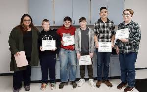 COURTESY OCOSTA SCHOOL DISTRICT                                 Five Ocosta School District students were honored this month for high scores on the Mathematical Association of Americas AMC-8 test. From left, coach Brook Priest, Caden Arbona, Raymond Priest, Syen Van Embden, Matthew Wyland and Grayson Bearden.