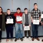 COURTESY OCOSTA SCHOOL DISTRICT                                 Five Ocosta School District students were honored this month for high scores on the Mathematical Association of Americas AMC-8 test. From left, coach Brook Priest, Caden Arbona, Raymond Priest, Syen Van Embden, Matthew Wyland and Grayson Bearden.