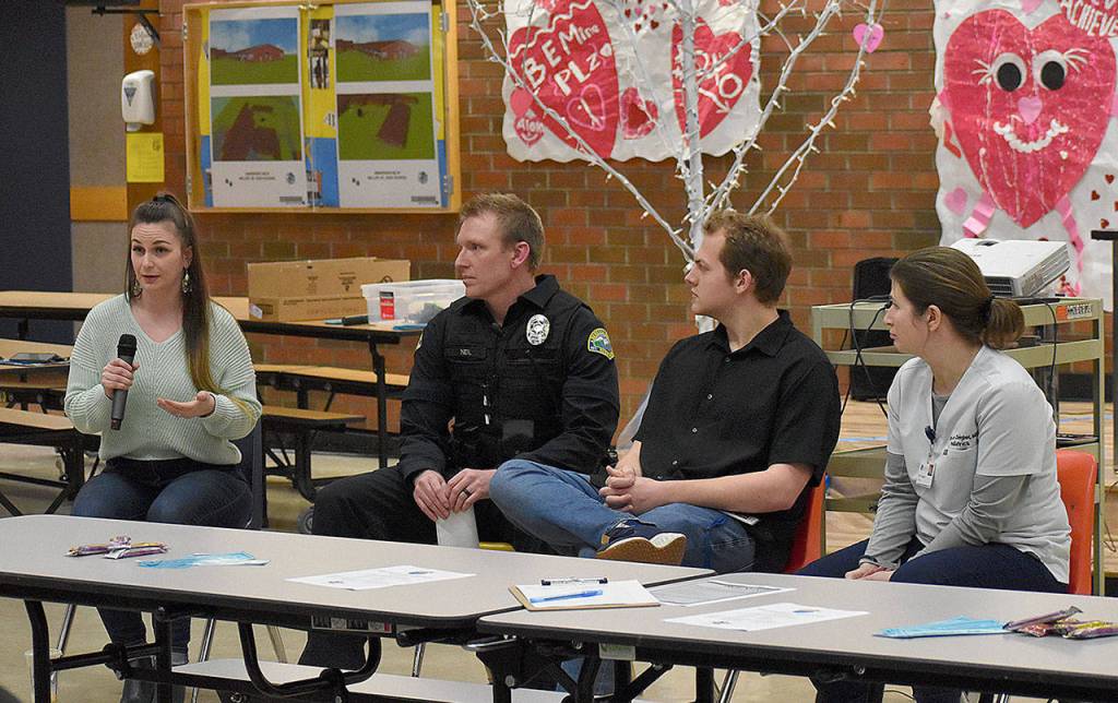 DAN HAMMOCK | GRAYS HARBOR NEWS GROUP                                 Parents who attended a Miller Junior High program Thursday detailing the districts approach to drug abuse education asked questions to a panel of some of the involved entities. From left, Jessica Verboomen from True North, Aberdeen Police Officer Loren Neil, Cole Johnson from Behavior Health Resources, and Dr. Katie Zeigler.