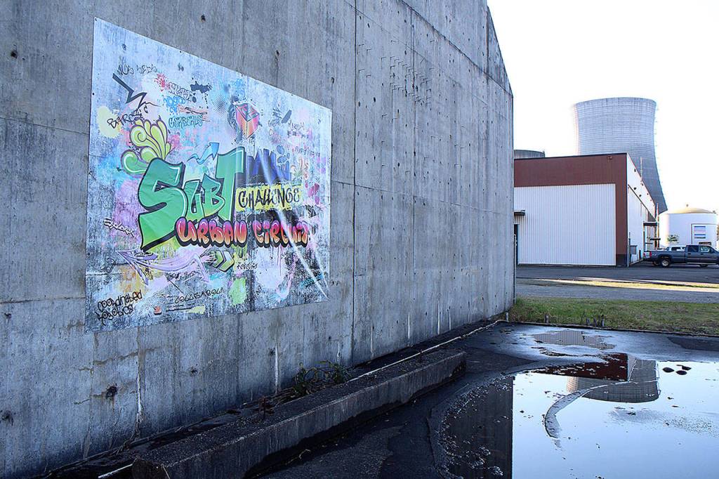 An event banner hangs Wednesday, Feb. 19, 2020, at the Satsop Business Park in Grays Harbor County in advance of the DARPA Subterranean Challenge Urban Circuit competition. (Michael Lang | Grays Harbor News Group)
