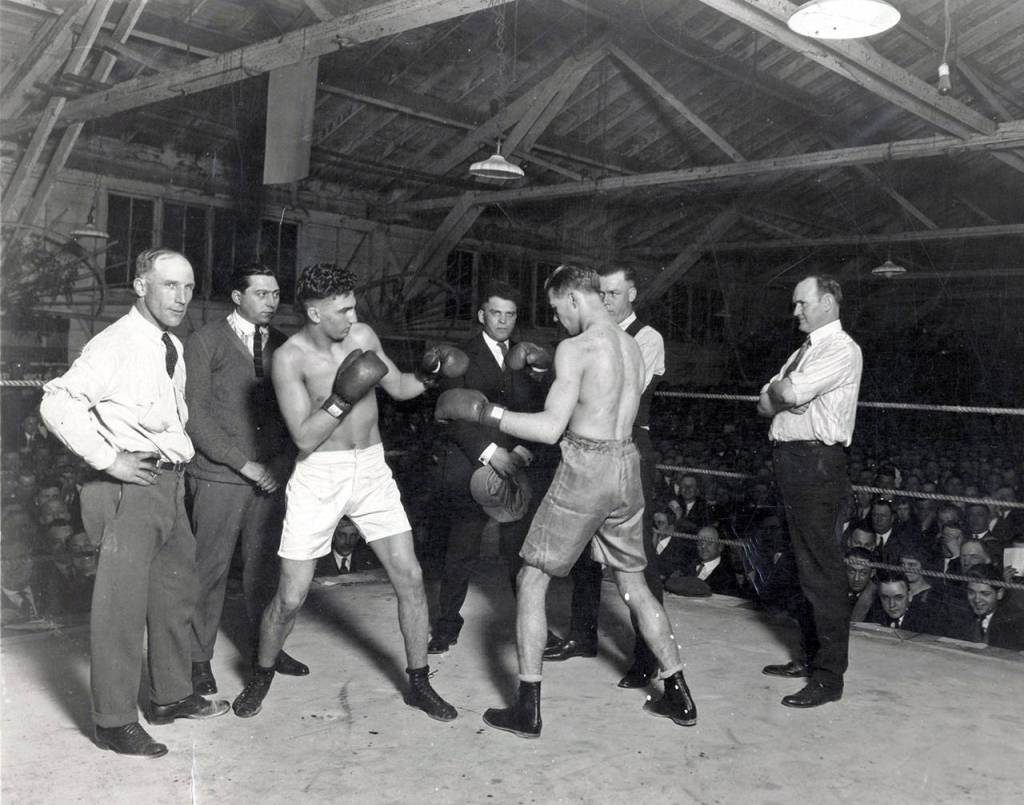 One display case at the Polson is devoted to Harbor boxing history, and Ted Krache (in the white shorts) was among the most regionally famous boxers of the 1920s.