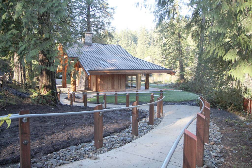 A winding path leads from the parking area to the new Legacy Pavilion at Lake Sylvia State Park in Montesano.