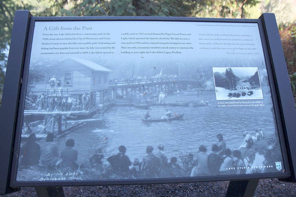 This interpretive sign, built with the new Legacy Pavilion, at Lake Sylvia State Park in Montesano.