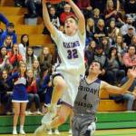 Willapa Valleys Allen Deniston (32) scores on a breakaway against Friday Harbors Ty Anderson during the Vikings 51-37 victory in the 2B Regionals on Saturday at Tumwater High School. Willapa Valley advanced to the 2B State Tournament with the victory. (Ryan Sparks | Grays Harbor News Group)