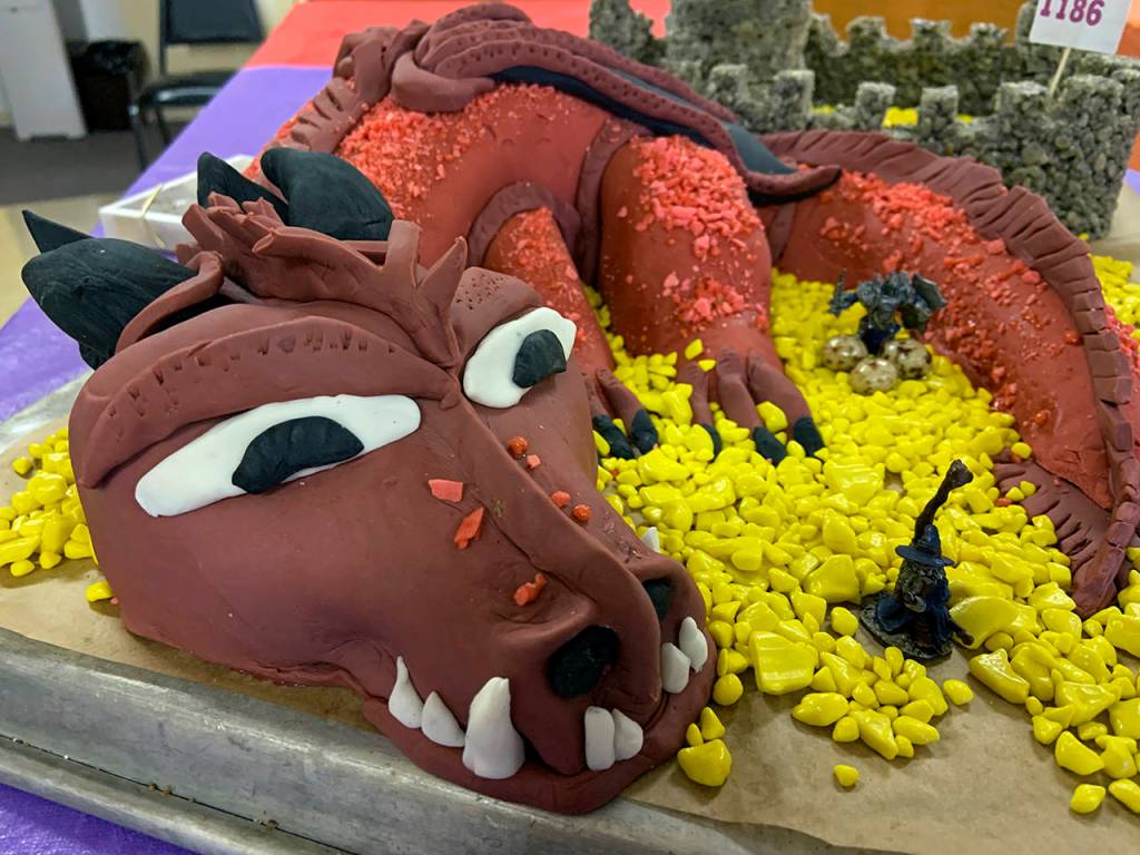 This dragon cake was visually amazing, with a castle molded from Rice Krispie treats and a pile of gold represented by nuggets of gum.