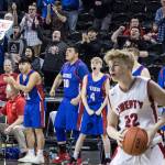 The Willapa Valley bench cheers during the Vikings 71-62 win over top-ranked Liberty (Spangle) in the 2B State Tournament on Thursday in Spokane. (Brandon Hansen | Chewelah Independent)
