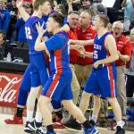 The Willapa Valley Vikings celebrate their upset victory over No. 1 Liberty (Spangle) in the 2B State Tournament on Thursday in Spokane. The Vikings face Pacific League rival Life Christian in the semifinals at 7:15 p.m. Saturday. (Brandon Hansen | Chewelah Independent)