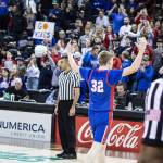 Willapa Valleys Allen Deniston walks off the court as Vikings fans celebrate a 71-62 win over Liberty in the 2B State Basketball Tournament on Friday, March 5. (Brandon Hanson | Chewelah Independent)