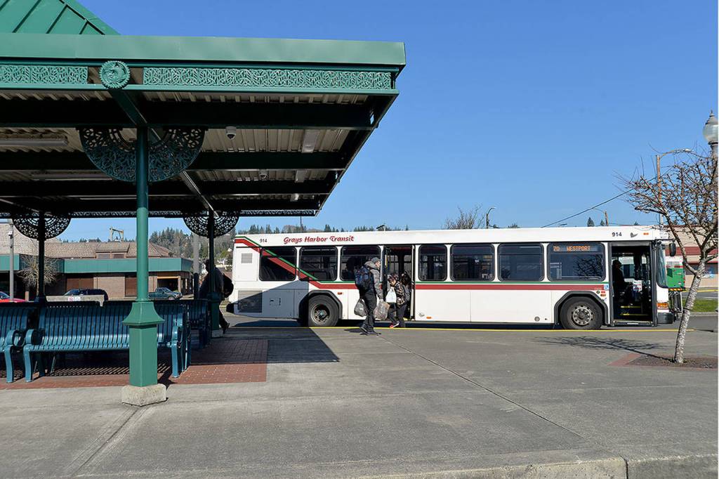 Grays Harbor Transit is asking riders to board the buses using the back doors until further notice as a precaution. Buses are running fare free until the end of April. (Thorin Sprandel | Grays Harbor News Group)