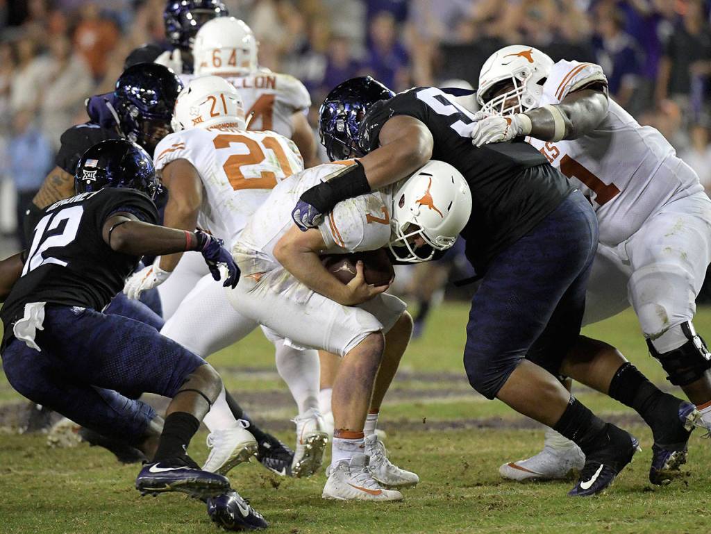 Texas Christian defensive tackle Ross Blacklock records a sacks against Texas. (Max Faulkner/Fort Worth Star-Telegram/TNS)