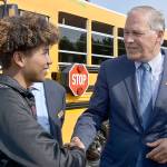 COURTESY OFFICE OF THE GOVERNOR                                 On June 17, 2019, Gov. Jay Inslee attended the ribbon-cutting ceremony for the first electric school bus in Washington at Franklin Pierce High School in Tacoma. The Elma and Lake Quinault school districts were recently awarded more than $600,000 in Ecology grant money to purchase two electric school buses.
