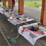 DAN HAMMOCK | GRAYS HARBOR NEWS GROUP                                 An anonymous donor paid for 123 banners honoring Hoquiam High Schools Class of 2020. Seniors practiced social distancing and posed for photos with their banners at Art Pocklington Central Play Park Monday.