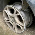 COURTESY HOQUIAM POLICE DEPARTMENT                                 The suspect vehicle in a hit-and-run collision east of the Simpson Avenue Bridge Monday traveled for miles on a tireless rim after the wreck, according to Hoquiam Police.