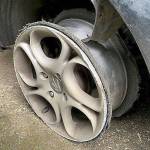 COURTESY HOQUIAM POLICE DEPARTMENT                                 The suspect vehicle in a hit-and-run collision east of the Simpson Avenue Bridge Monday traveled for miles on a tireless rim after the wreck, according to Hoquiam Police.
