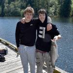 photos by DAN HAMMOCK | GRAYS HARBOR NEWS GROUP                                 Anthony Blevins, of Montesano, left, and David Reinkens, of Westport, show off the big rainbow trout Reinkens caught out of Lake Sylvia Tuesday morning.