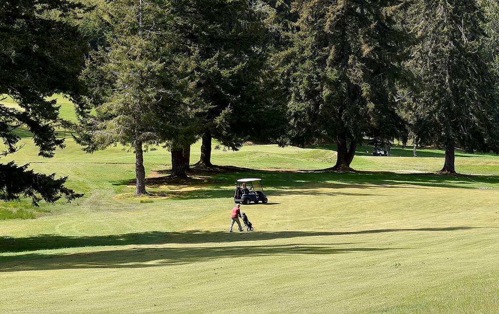 DAN HAMMOCK | GRAYS HARBOR NEWS GROUP                                 Two golfers, one in a cart and one on foot, play a round of golf at Highland Golf Course in Cosmopolis Tuesday. Golf courses, with restrictions, were allowed to reopen Tuesday with provisions put in place to reduce the risk of spreading the coronavirus.