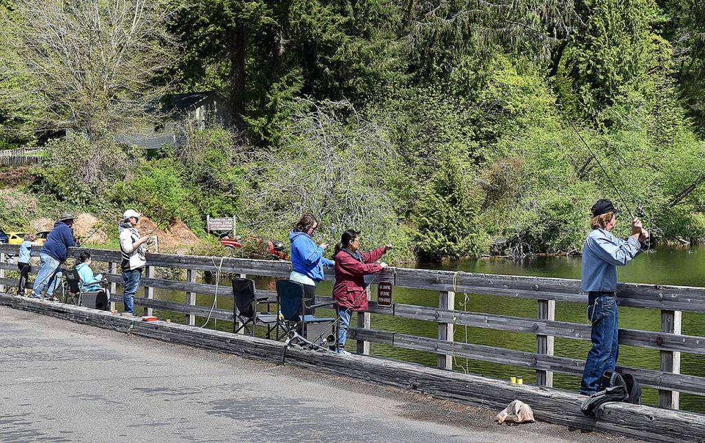The bridge at Lake Sylvia State Park attracted a fair number of anglers Tuesday. Lake Sylvia was one of two state parks to reopen that day.