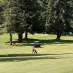 DAN HAMMOCK | GRAYS HARBOR NEWS GROUP                                 Two golfers, one in a cart and one on foot, play a round of golf at Highland Golf Course in Cosmopolis Tuesday. Golf courses, with restrictions, were allowed to reopen Tuesday with provisions put in place to reduce the risk of spreading the coronavirus.