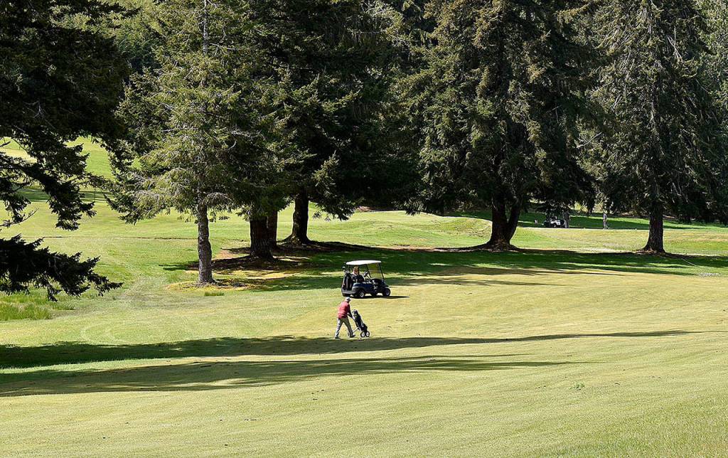 DAN HAMMOCK | GRAYS HARBOR NEWS GROUP                                 Two golfers, one in a cart and one on foot, play a round of golf at Highland Golf Course in Cosmopolis Tuesday. Golf courses, with restrictions, were allowed to reopen Tuesday with provisions put in place to reduce the risk of spreading the coronavirus.