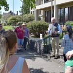 DAN HAMMOCK | GRAYS HARBOR NEWS GROUP                                 Rep. Jim Walsh, R-Aberdeen, speaks to a group of about 25 people at a rally in Montesano Friday supporting the reopening of the county. Also speaking was Joel McEntire, R-Cathlamet, who is challenging incumbent Rep. Brian Blake, D-Aberdeen, for his 19th District seat. The two fielded questions about the governors emergency orders and urged a common sense approach to reopening the economy.