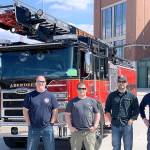 COURTESY HUGHES FIRE EQUIPMENT INC.                                 Aberdeen Fire Department new apparatus committee members flew to Appleton, Wisconsin earlier this month to inspect the citys new pumper truck and skyboom. Pictured from left are firefighter Brian Peterson, Captain Mike Kolodzie, Captain Sam Baretich, and Engineer Brad Frafjord.