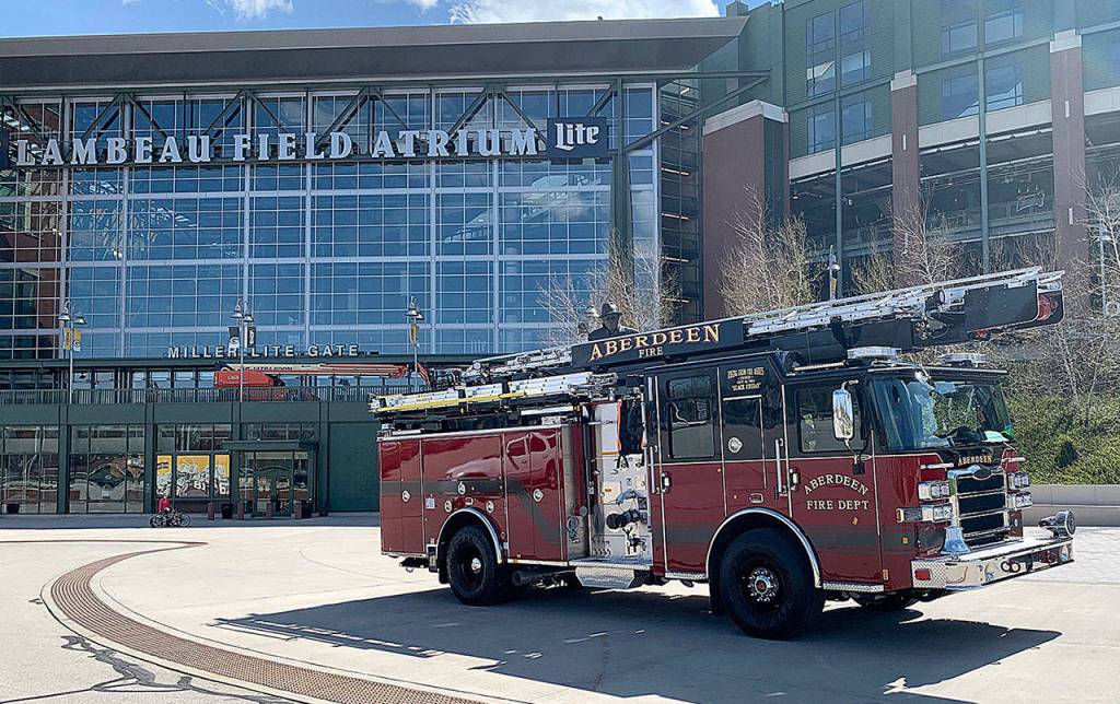 COURTESY HUGHES FIRE EQUIPMENT INC.                                 The inspection of Aberdeens new fire apparatus in Appleton, Wisconsin, included a drive to Lambeau Field, home of the Green Bay Packers.