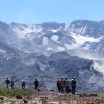 The Mt. St. Helens crater towers above hikers on a trail crossing the Pumice Plain, where the U.S. Forest Service proposes a controversial road. (U.S. Forest Service)