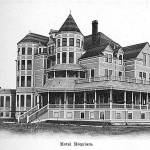 Roy Vataja Collection                                 The Hotel Hoquiam opened in June, 1900 - a massive, ornate, four-story structure with turrets and gingerbread trimmings. It stood on the south end of Hoquiams business district , bounded by 7th and 8th Streets and M and N Streets - across from the old Hoquiam train station and just south of where the Saron Lutheran Church stands today. It was a White Elephant, losing money and glamour, and ending up as an apartment house, but for the ten years that it stood, it was a beautiful and storied White Elephant. It burned on July 22, 1910 at the cost of 2 lives.