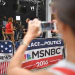 An MSNBC news broadcast goes live during the first day of the Republican National Convention on July 18, 2016, in Cleveland. The coronavirus pandemic will drastically alter how viewers experience coverage of the 2020 race for the White House as it heads into the home stretch(Jeff J Mitchell/Getty Images)