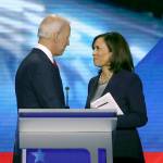 Win McNamee | Getty Images                                Joe Biden and Sen. Kamala Harris (D-Calif.) speak after the Democratic presidential debate Sept. 12 in Houston.