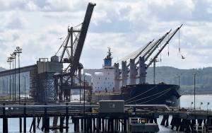 DAN HAMMOCK | GRAYS HARBOR NEWS GROUP                                 The vessel Kapta Mathios docked at the Port of Grays Harbors Terminal 2 Wednesday, Aug. 12.
