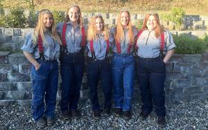 DAN HAMMOCK | GRAYS HARBOR NEWS GROUP                                 Five of the six 2020 Loggers Playday court attended the Loggers Playday committee meeting Thursday. From left: Emiley Elders, Katie Burnett, Queen Amelia Moir, Emily Daniels, and Ainsley Estes. Unable to attend and not pictured is Elizabeth Folkers.