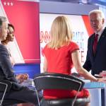Democratic presidential candidate Joe Biden talks with moderators from CNN at the end of the 11th Democratic Party 2020 presidential debate in a CNN Washington Bureau studio in Washington, D.C., on March 15, 2020. (Mandel Ngan/Getty Images)