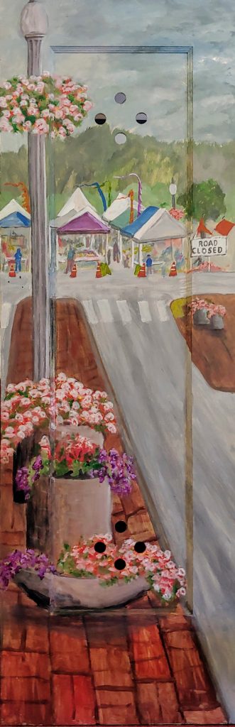 Photo courtesy Harbor Art Guild                                This door was painted by the Harbor Art Guilds Douglas Orr to depict the Aberdeen Sunday Market. The markets organizers purchased it, with the proceeds going into the scholarship fund.