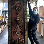 Photo by Debbi Branford Jensen                                Catherine Weir, manager of Earthwise Architectural Salvage, shows off a steampunk-themed door created by a Stafford Creek inmate.