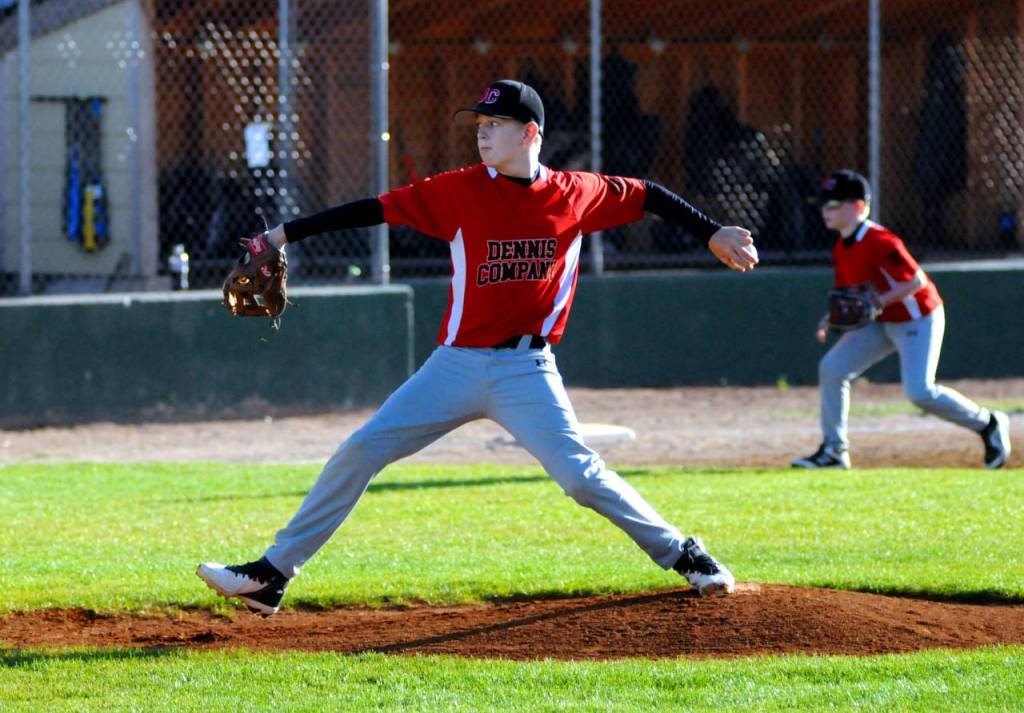 Dennis Company pitcher Caleb Grubb pitched four shutout innings to pick up the win in the Montesano Little League Majors Division championship game on Tuesday in Montesano. (Ryan Sparks | Grays Harbor News Group)