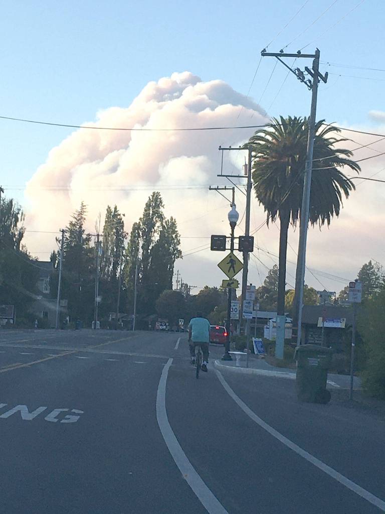 A huge smoke plume rising from the now-raging Waldbridge Fire in the Russian River Valley of Sonoma County, Calif, looms over the streets of nearby town of Sebastopol last Wednesday. The Waldbridge Fire has destroyed 560 structures during its weeklong rampage in northwest Sonoma County. Its part of whats calledf the LNU Lightning Complex fires in Sonoma, Napa and Solano counties that have blackened 347,630 acres, destroying 871 structures and threatening another 30,500. Four residents have died, three in Napa County and one in Solano. (Photo by Annette Vitali-Thompson)