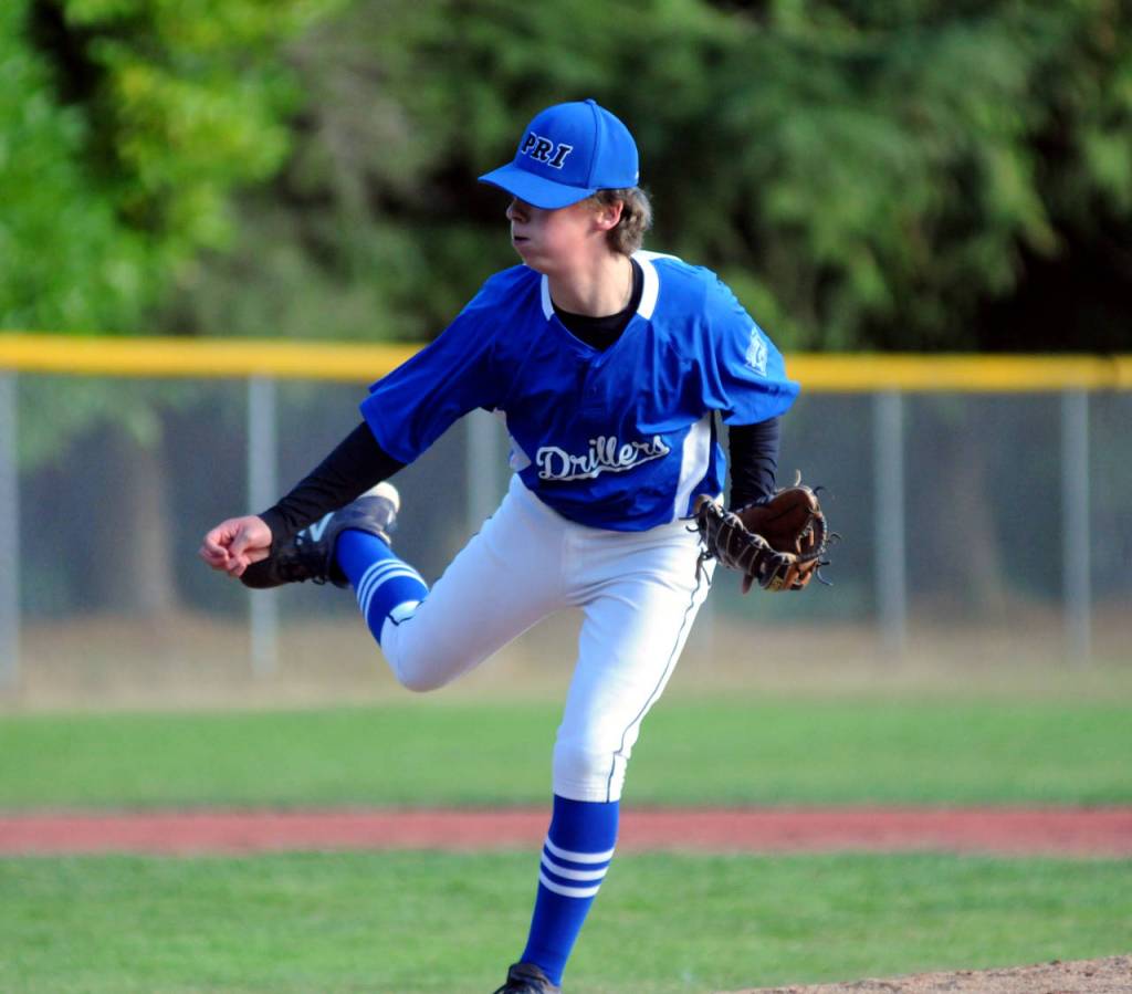 After a shaky first inning, Drillers pitcher Skylar Bove settled in to throw five straight scoreless innings to pick up the win the Montesano Little League Junior League title game on Saturday at Vessey Field. (Ryan Sparks | Grays Harbor News Group)