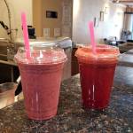 Freshly made Happy Drink, left, and Pink Drink Juice smoothies are ready for pickup at the Urban Juice Factory on Tuesday in Montesano. The business has temporarily closed as it undergoes upgrades before re-opening later this month. (Ryan Sparks | The Daily World)