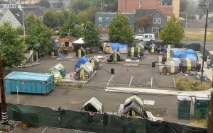 DAN HAMMOCK | THE DAILY WORLD                                 The homeless camp north of Aberdeen City Hall, built to hold 70, currently holds 22. The city is looking to shrink the footprint of the camp, but it is likely it will stay in operation through the winter months.