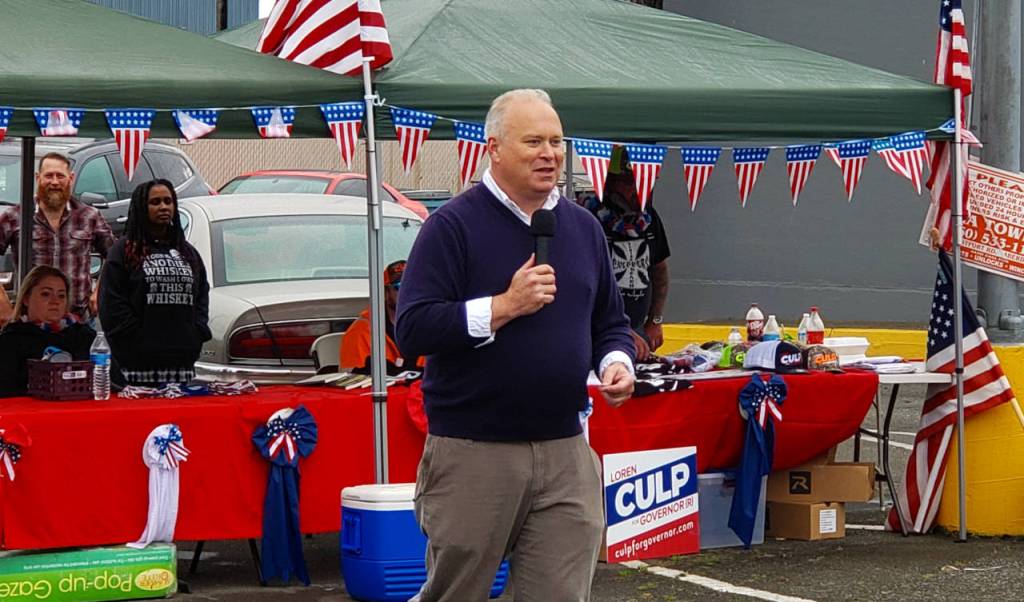 Incumbent state house member Jim Walsh of Aberdeen speaks at the Harbor Freedom Rally on Saturday in Aberdeen. (Ryan Sparks | The Daily World)
