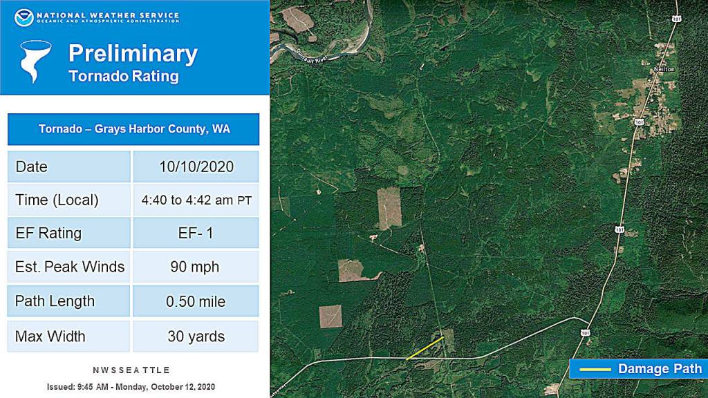 COURTESY NATIONAL WEATHER SERVICE SEATTLE A map of the tornado that touched down on the Moclips Highway early Saturday morning with details on the event.