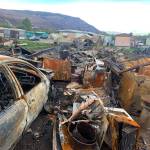 Photo courtesy of Penelope Varn
Destruction is all that is left of a Bridgeport mobile home that was destroyed in the Pearl Hill Fire in September. A Montesano couple, John and Janet Workman, decided to help by donating a fifth-wheel trailer through the Okandogs charity organization.