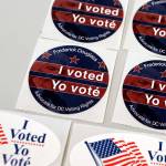 Voting stickers are seen at a polling station in Washington, D.C. during the U.S. presidential election on Tuesday, Nov. 3, 2020. (Yuri Gripas/Abaca Press/TNS)