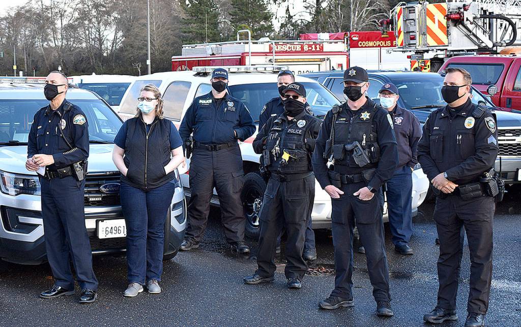 DAN HAMMOCK | THE DAILY WORLD 
Police, fire and EMS personnel were honored along with local hospitals in a short outdoor ceremony Tuesday at the Shoppes at Riverside for their dedication to the safety of Grays Harbor County residents.