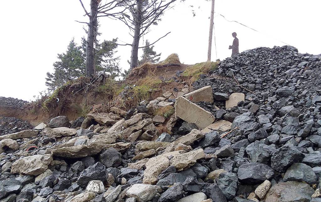 COURTESY CONNIE ALLEN 
Hand stacked concrete reinforcement was placed at the end of old State Route 105 at Washaway Beach after Novembers king tides and windstorms to protect the shoreline until crews could do repairs.
