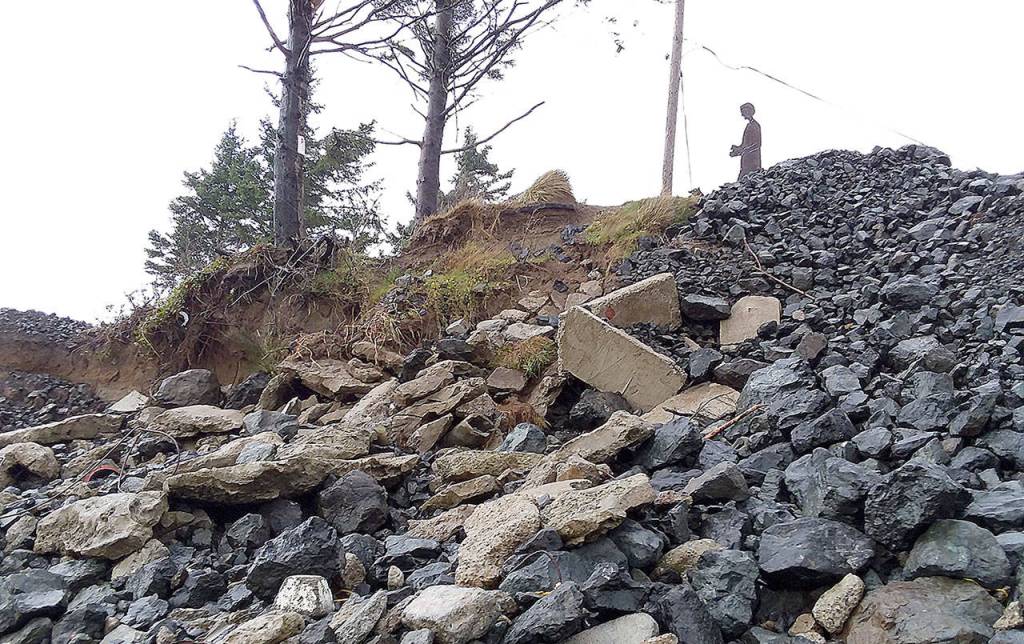 COURTESY CONNIE ALLEN 
Hand stacked concrete reinforcement was placed at the end of old State Route 105 at Washaway Beach after Novembers king tides and windstorms to protect the shoreline until crews could do repairs.