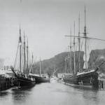 The Wishkah riverfront was lined with lumber schooners in downtown Aberdeen during years Billy Gohl was active as agent for the Sailors Union of the Pacific.