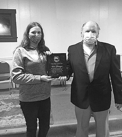 COURTESY PHOTO 
Tara Groninger receives her 2020 Oakvillian of the Year award from Oakville Mayor Angelo Cilluffo.